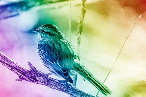 Song Sparrow Overlooking Water Pond (Rainbow Shade Photo)