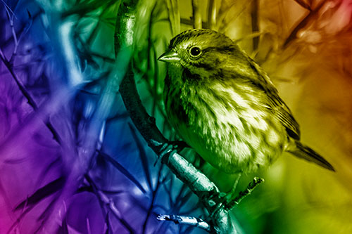 Song Sparrow Perched Along Curvy Tree Branch (Rainbow Shade Photo)