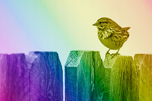 Song Sparrow Standing Atop Wooden Fence (Rainbow Shade Photo)