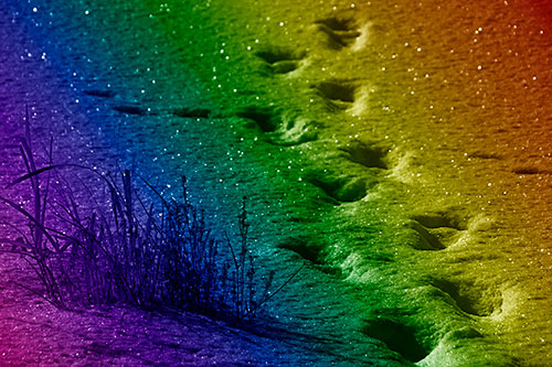 Sparkling Snow Footprints Across Frozen Lake (Rainbow Shade Photo)