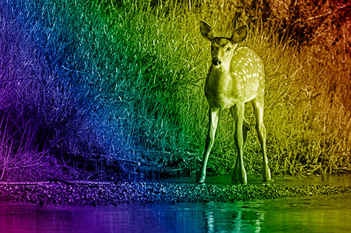 Spotted White Tailed Deer Standing Along River Shoreline (Rainbow Shade)