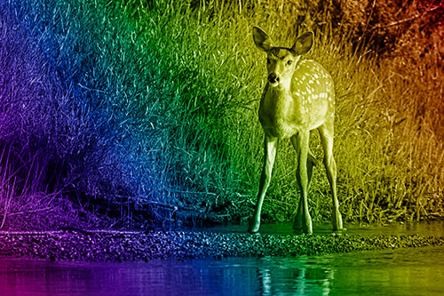 Spotted White Tailed Deer Standing Along River Shoreline (Rainbow Shade Photo)