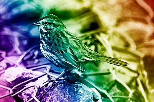 Squinting Song Sparrow Perched Atop Chain Link Fencing (Rainbow Shade Photo)
