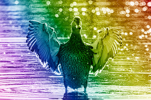Standing Mallard Duck Flapping Wings Among Shore (Rainbow Shade)