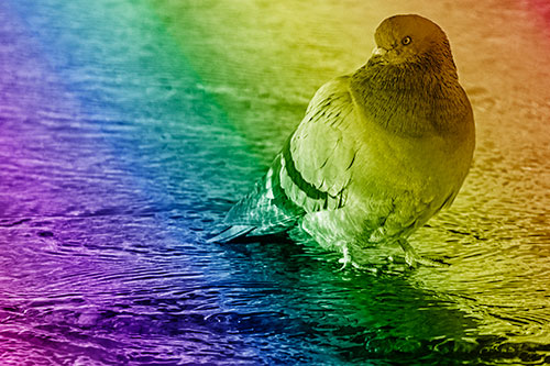 Standing Pigeon Gandering Atop River Water (Rainbow Shade Photo)