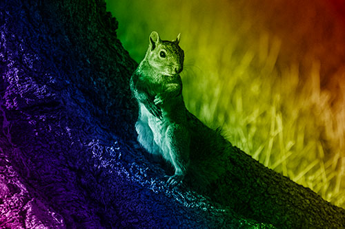 Standing Squirrel Poses Among Sloping Tree Stump (Rainbow Shade)