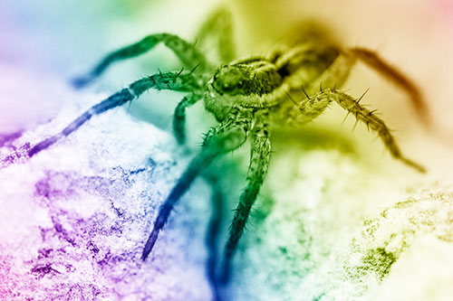 Standing Wolf Spider Guarding Rock Top (Rainbow Shade Photo)