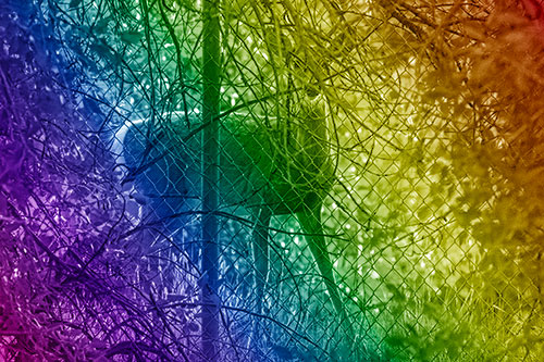 Startled White Tailed Deer Freezes Behind Chain Link Fence (Rainbow Shade)