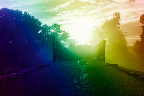 Sun Rises Beyond Foggy Wooden Walkway Bridge (Rainbow Shade Photo)