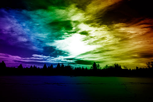 Sun Vortex Illuminates Clouds Above Dark Lit Lake (Rainbow Shade Photo)