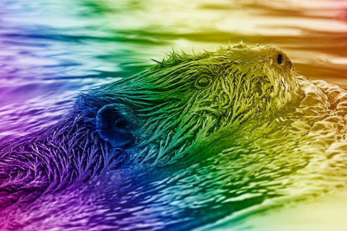 Swimming Beaver Keeping Head Above Water (Rainbow Shade Photo)