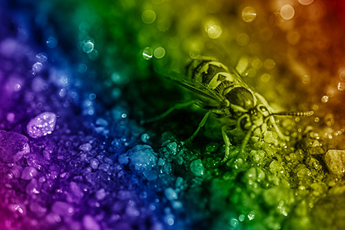 Thirsty Yellowjacket Wasp Among Soaked Sparkling Rocks (Rainbow Shade Photo)