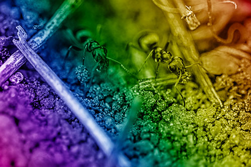Two Carpenter Ants Working Hard Among Soil (Rainbow Shade Photo)