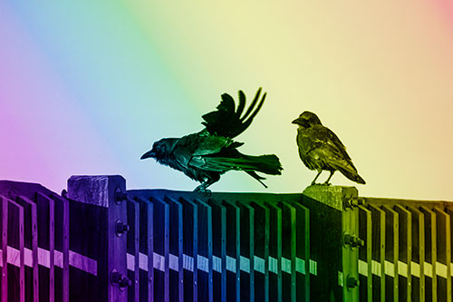 Two Crows Gather Along Wooden Fence (Rainbow Shade Photo)