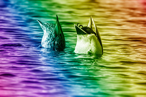 Two Ducks Upside Down In Lake (Rainbow Shade Photo)