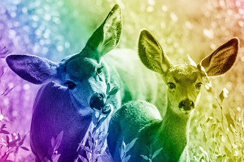 Two Mule Deer Enjoying Leafy Breakfast (Rainbow Shade)