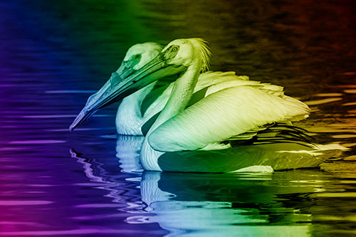 Two Pelicans Swimming In Unison (Rainbow Shade)