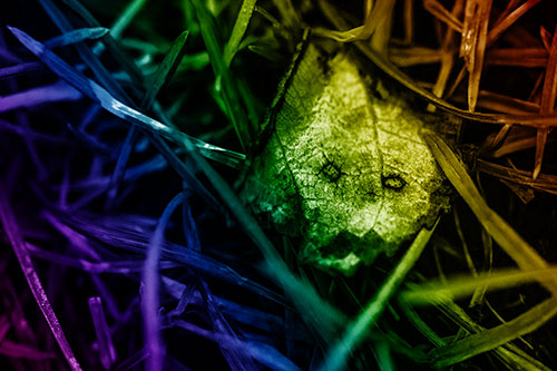 Upset Decaying Leaf Face Hiding Among Twisting Grass Blades (Rainbow Shade)