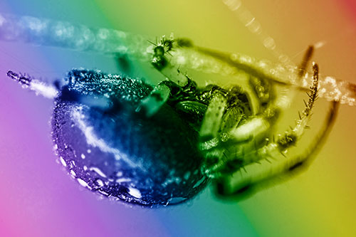 Upside Down Furrow Orb Weaver Spider Crawling Along Stem (Rainbow Shade Photo)