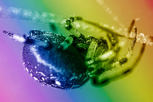 Upside Down Furrow Orb Weaver Spider Crawling Along Stem (Rainbow Shade)
