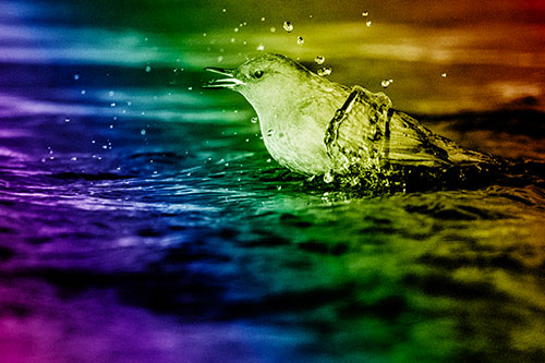 Water Splashing American Dipper Feasting On Larvae (Rainbow Shade)