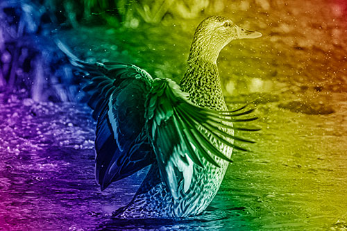 Water Splashing Mallard Duck Flapping Wings Among Pond (Rainbow Shade Photo)