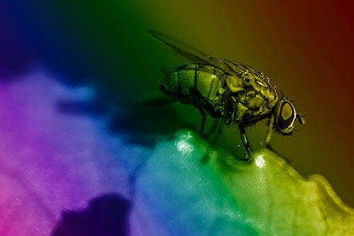 Wet Cluster Fly Walks Along Leaf Rim Edge (Rainbow Shade Photo)