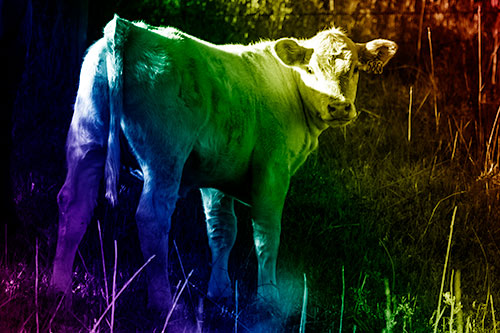 White Cow Calf Looking Backwards (Rainbow Shade Photo)