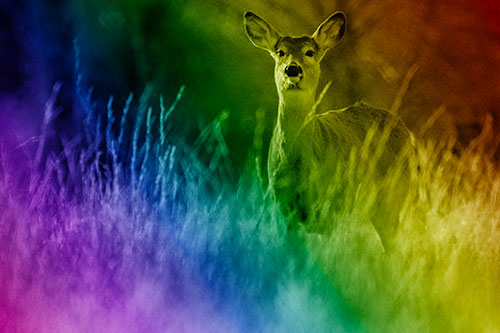 White Tailed Deer Stares Behind Feather Reed Grass (Rainbow Shade Photo)