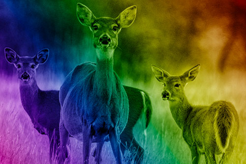 White Tailed Deer Trio Watch Among Wheatgrass (Rainbow Shade)
