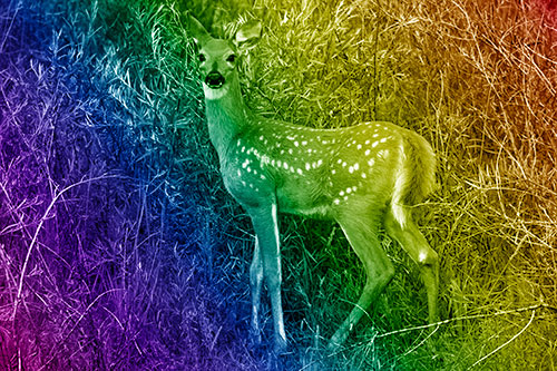 White Tailed Spotted Deer Stands Among Vegetation (Rainbow Shade Photo)