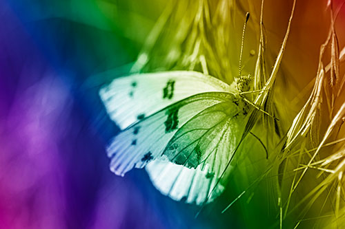White Winged Butterfly Clings Grass Blades (Rainbow Shade Photo)