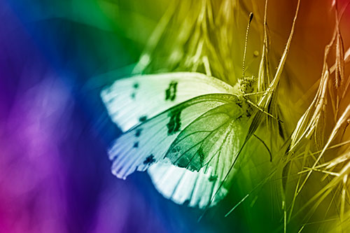 White Winged Butterfly Clings Grass Blades (Rainbow Shade)