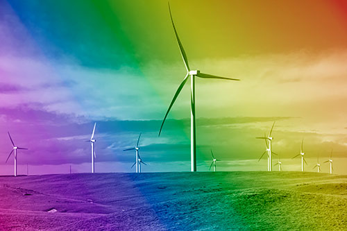 Wind Turbine Cluster Scattered Across Land (Rainbow Shade Photo)