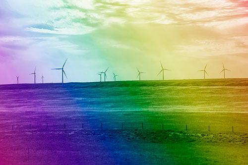 Wind Turbines Scattered Along The Prairie Horizon (Rainbow Shade Photo)