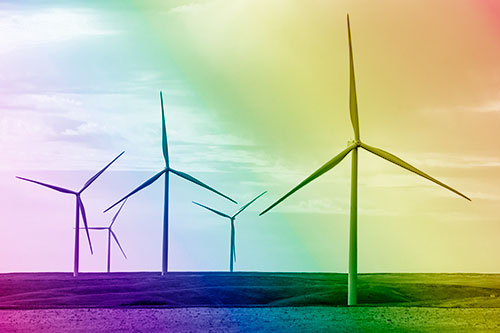 Wind Turbines Standing Tall On Green Pasture (Rainbow Shade Photo)