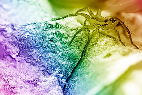 Wolf Spider Crawling Over Cracked Rock Crevice (Rainbow Shade)