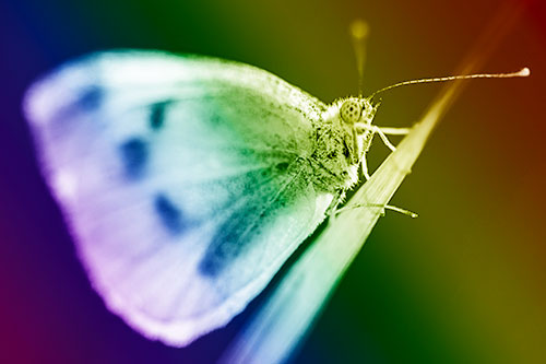 Wood White Butterfly Perched Atop Grass Blade (Rainbow Shade Photo)