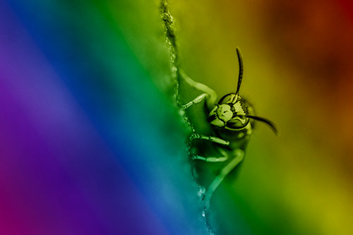Yellowjacket Wasp Crawling Rock Vertically (Rainbow Shade Photo)