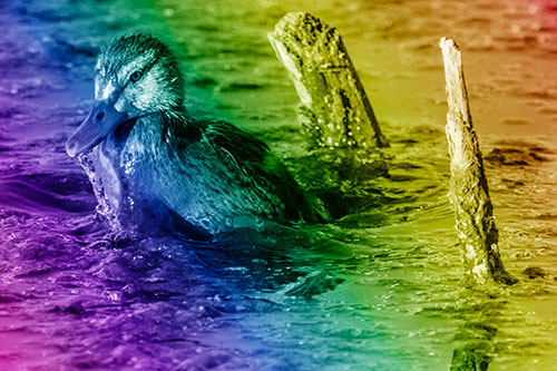 Young Mallard Duckling Playing Among Algae (Rainbow Shade)