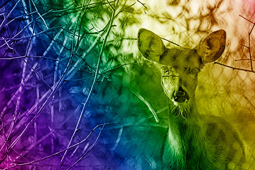 Young White Tailed Deer Watches Through Chain Link Fence (Rainbow Shade)