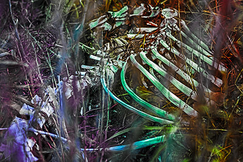 Animal Skeleton Remains Resting Beyond Plants (Rainbow Tint Photo)