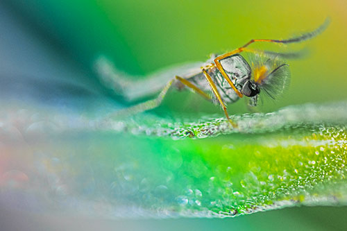 Arm Raising Midge Fly Standing Among Leaf (Rainbow Tint)