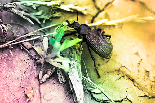 Beetle Searching Dry Land For Food (Rainbow Tint Photo)