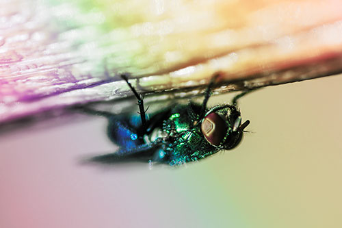 Big Eyed Blow Fly Perched Upside Down (Rainbow Tint Photo)