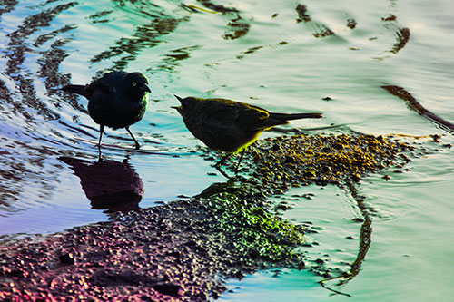 Brewers Blackbirds Feeding Along Shoreline (Rainbow Tint)