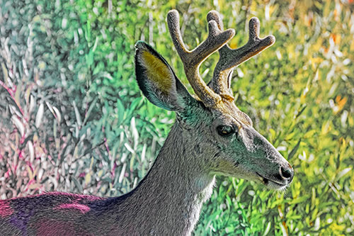 Calm Mule Deer Casually Wandering Around Vegetation (Rainbow Tint)