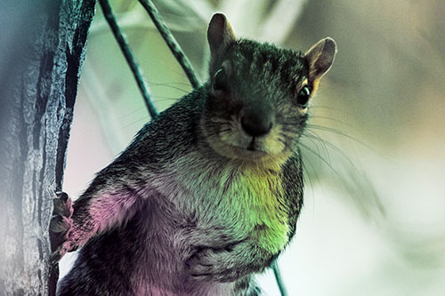 Chest Holding Squirrel Leans Against Tree (Rainbow Tint Photo)