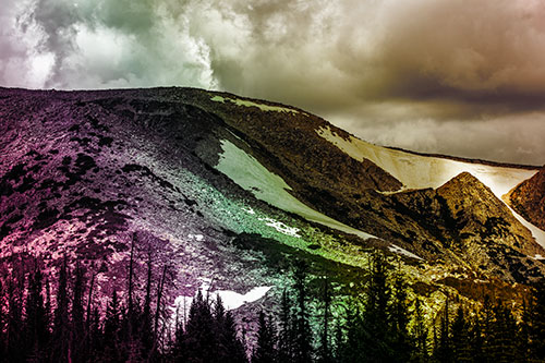 Clouds Cover Melted Snowy Mountain Range (Rainbow Tint Photo)