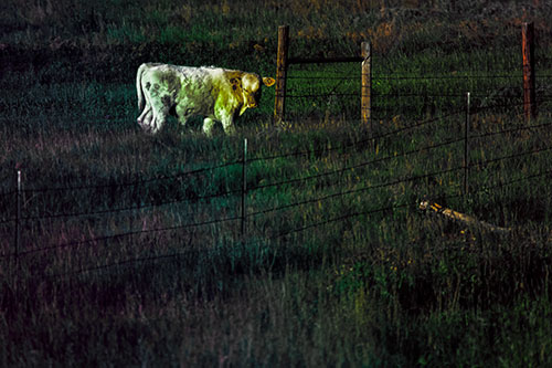 Cow Glances Sideways Beside Barbed Wire Fence (Rainbow Tint Photo)